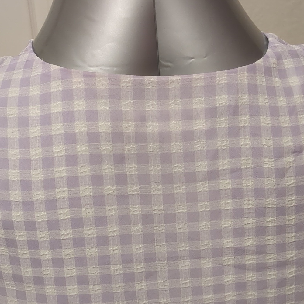 Calvin Klein Women Purple/White-V Neck Blouse 3/4 Sleeves Gingham check Size S - Picture 7 of 11